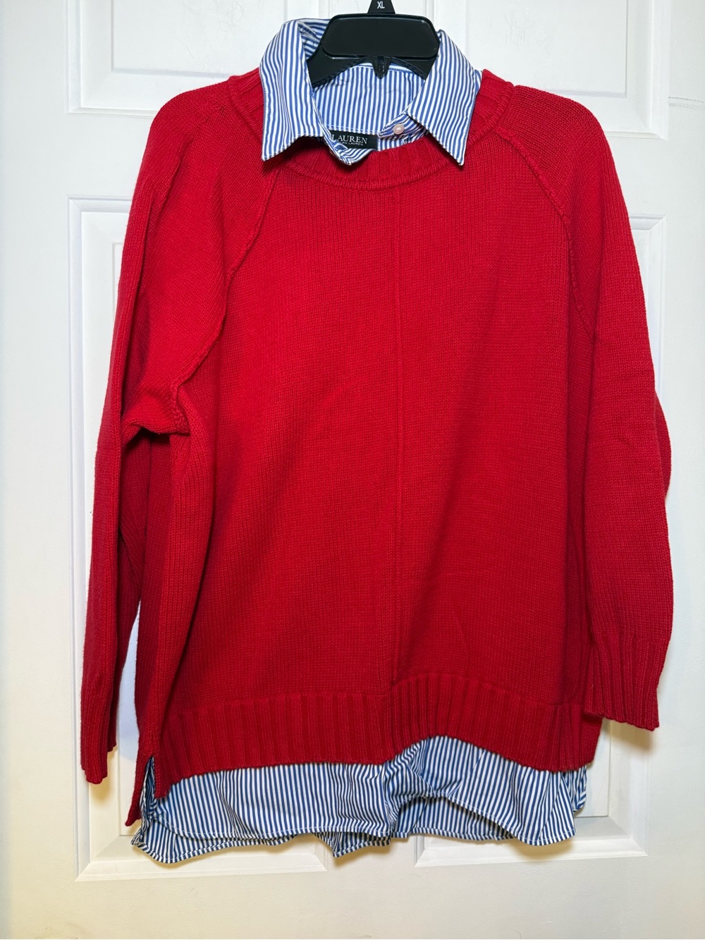 Lauren Ralph Lauren Woman’s Red Ribbed Mock Layered Mixed Media Sweater Preppy